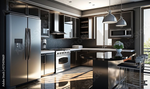  a modern kitchen with stainless steel appliances and a large window.  generative ai