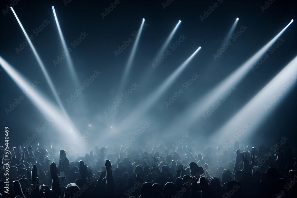 Panorama live music concert crowd and audience with beams light show and concert lighting. Edm electronic techno music festival or rock show performance with crowded people silhouette. Generative AI