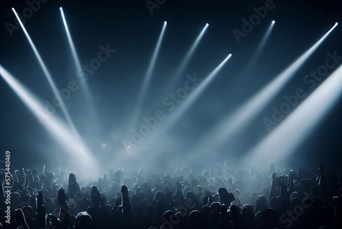 Panorama live music concert crowd and audience with beams light show and concert lighting. Edm electronic techno music festival or rock show performance with crowded people silhouette. Generative AI