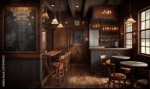  a bar with a chalkboard menu on the wall and wooden chairs. generative ai