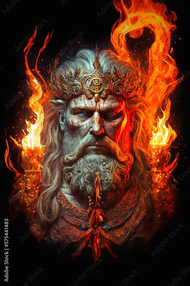 Portrait of Swarog, swarozyc slavic god of fire and blacksmithing surrounded by flames, generative ai