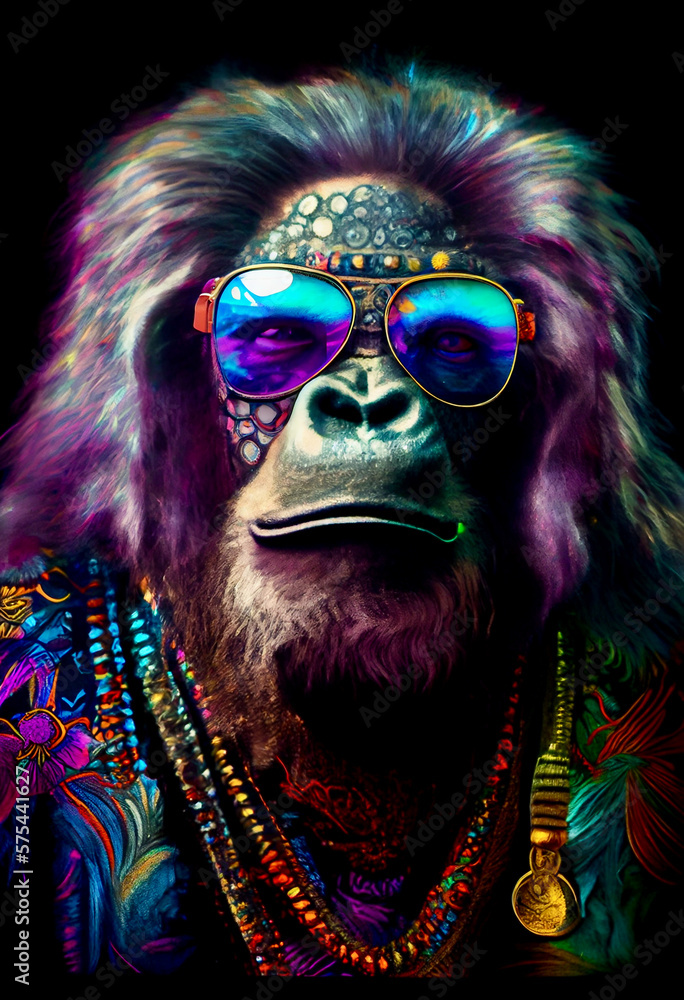 Generative AI abstract render of a hippie gorilla