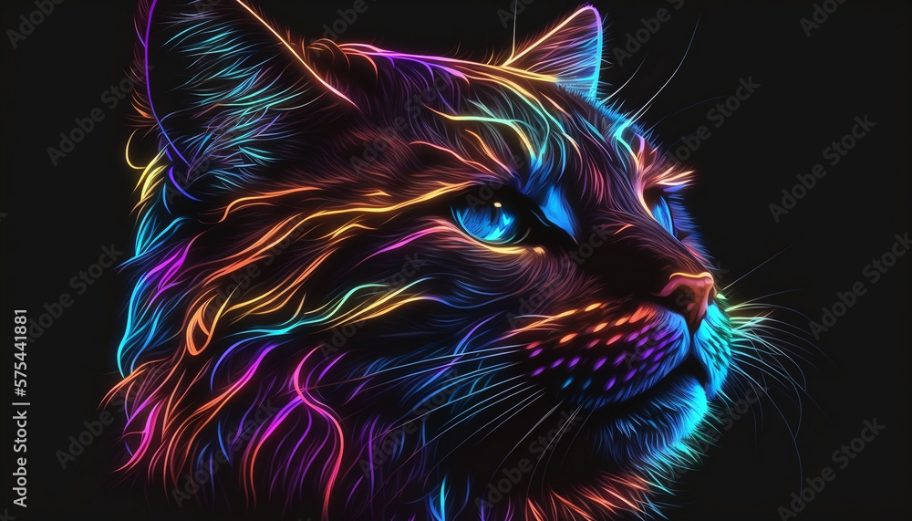 portrait of a cat face close-up colorful paints neon