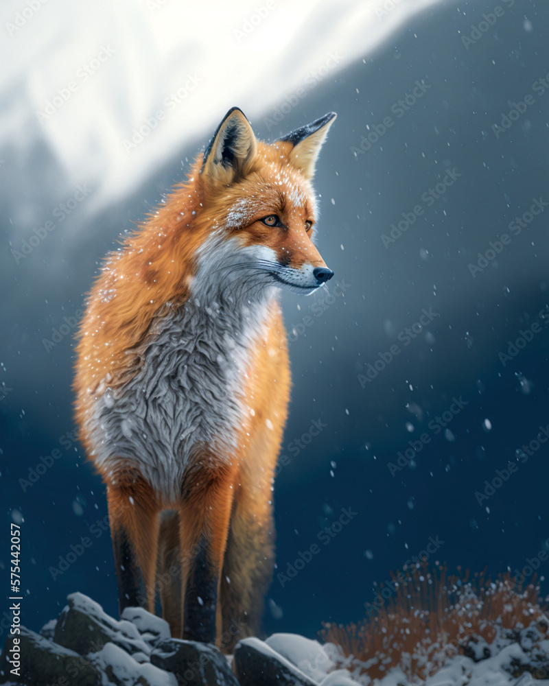 Red Fox in the Snow with Mountains Behind Red Fox in the Snow with Mountains Behind
