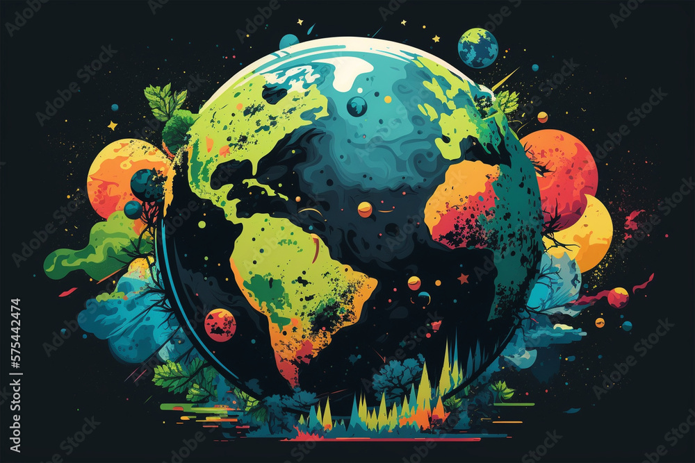 Abstract earth day concept planet earth dark background t-shirt design made by generative ai