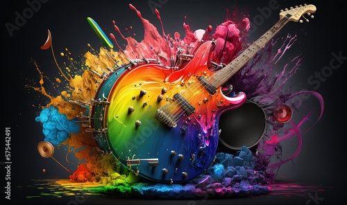  a colorful guitar with a splash of paint on the body.  generative ai