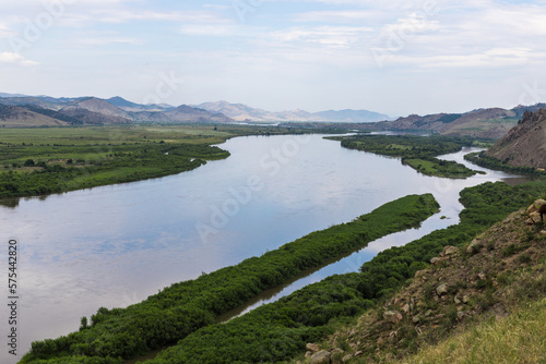 The largest winding Selenga River flowing into Lake Baikal, top view photo