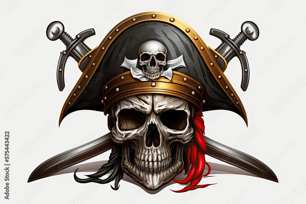 Fototapeta premium The helm of a pirate ship adorned with the Jolly Roger and a saber. Generative AI