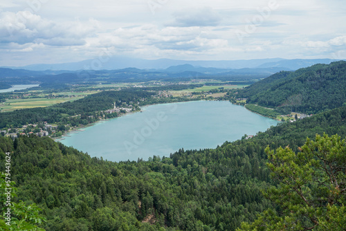 View of Lake Klopein from the mountains on a cloudy day  carinthia  austria