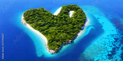 Top view of heart shaped island in the middle of the ocean