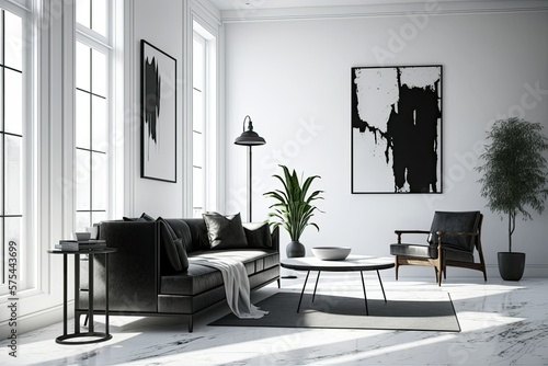 Slika na platnu The modern, light living area features a black sofa, armchair, floor lamp, coffee table, and decorative accessories