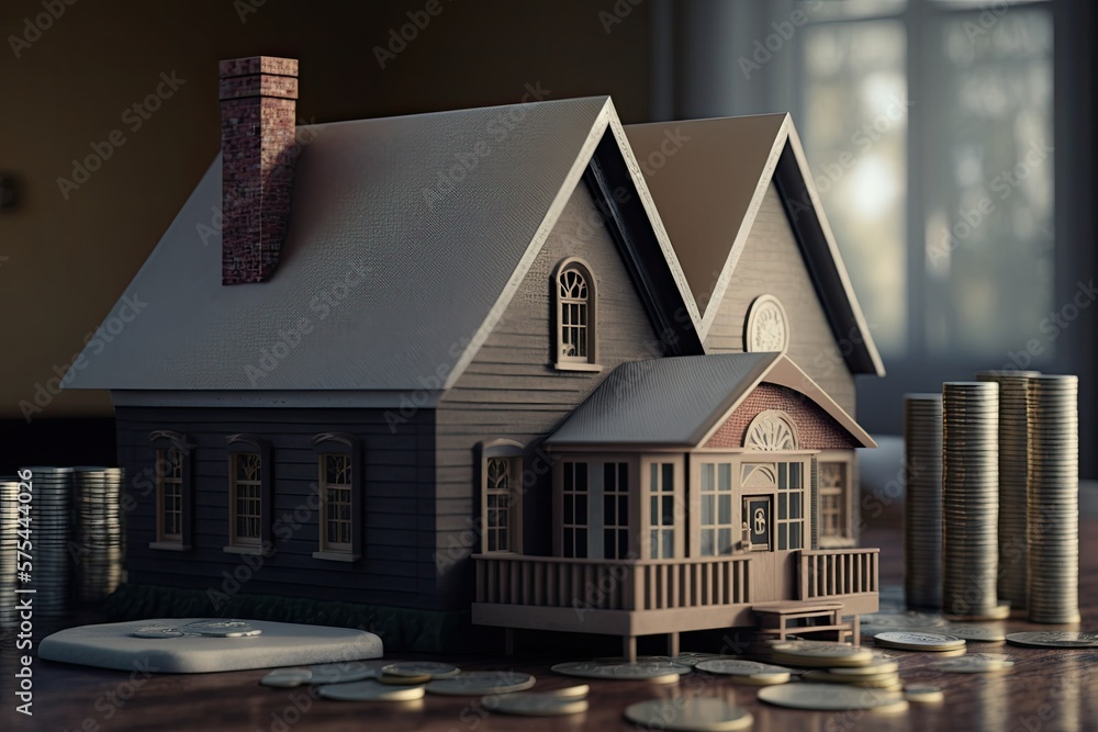 Concept for buying a house model, with coins and dollars on a wooden table, in the fastest growing sector of the economy, with the option to move or rent a property through an agency. Generative AI Concept for buying a house model, with coins and dollars on a wooden table, in the fastest growing sector of the economy, with the option to move or rent a property through an agency. Generative AI
