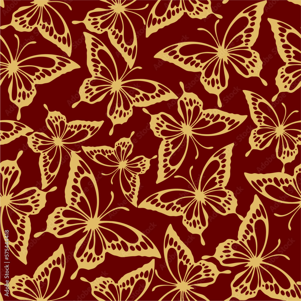 seamless pattern of golden contours of butterflies on a red background, texture, design