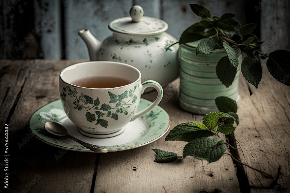 Fototapeta premium Tea and mint sitting on a wooden table. Generative AI