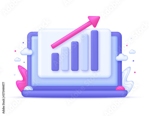 3D Growing bar graph illustration on Computer. Making goals and goal achievement, growth business success.