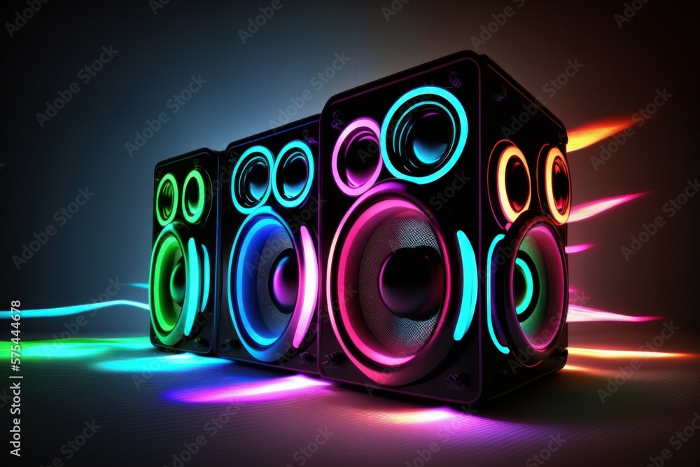 Group of sound speakers in neon light. Background with selective focus