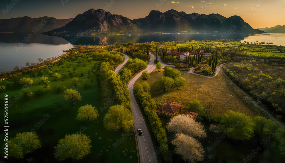 Obraz premium Drohnenaufnahme Landschaft am Gardasee Italien bei Sonnenuntergang Abstrakt Illustration Digital Art Generative AI Hintergrund Cover Kunst