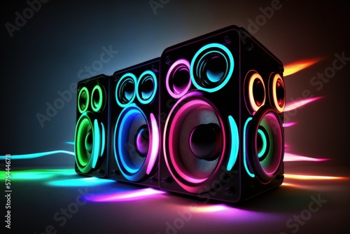 Group of sound speakers in neon light. Background with selective focus. AI generated, human enhanced photo
