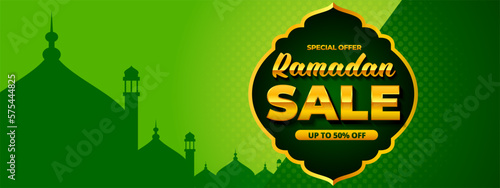 Ramadan sale horizontal banner vector, Islamic holy month event background for media promotion and advertising