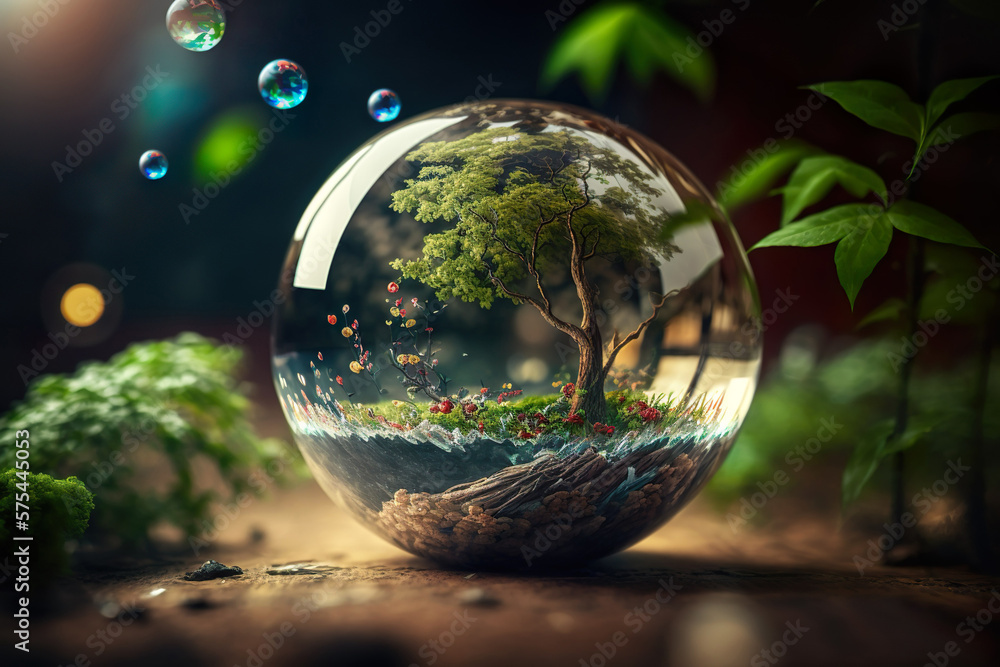 Glass globe in the in nature concept for eco friendly enviroment and conservation. Generative Ai.