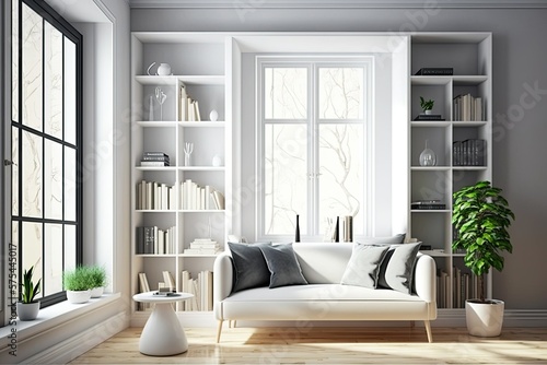 White sofa  built in bookcase with shelves  armchair  empty modern  airy living room. Conceptual design for interiors of newly built or rented properties. Generative AI