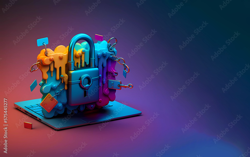 Fototapeta premium Internet security system. Laptop with hacker virus code. Generative AI. Banner. Copy space