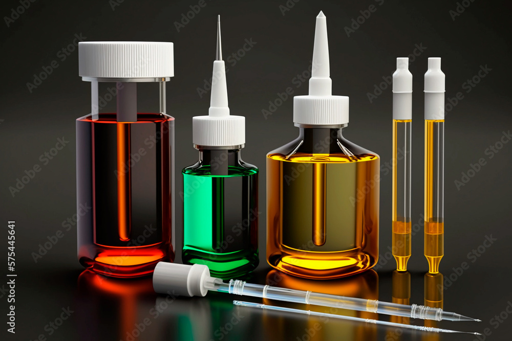 Pipette and transparent bottles With Serum, Gel, Oil Or Other Cosmetic Product. chemical lab. Generative AI Pipette and transparent bottles With Serum, Gel, Oil Or Other Cosmetic Product. chemical lab. Generative AI