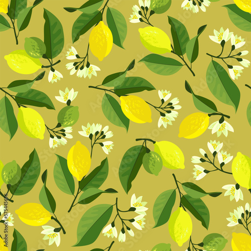seamless pattern flowers and fruits of lemon