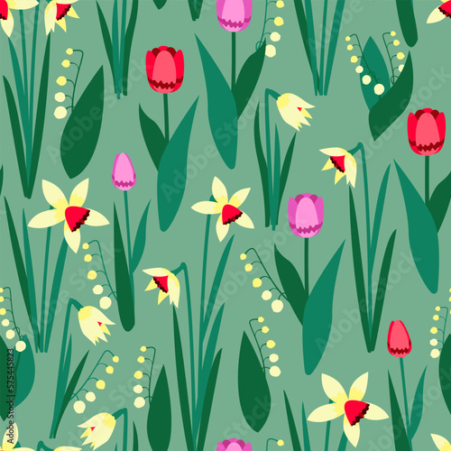 seamless pattern spring flowers tulips, daffodils, lilies of the valley