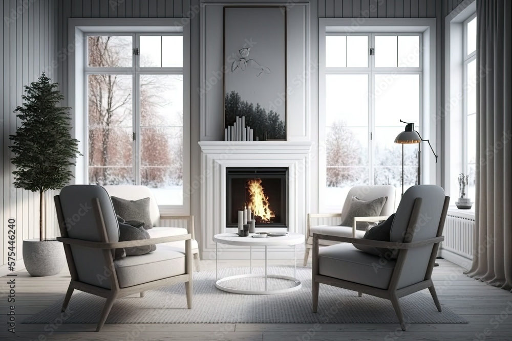 Fototapeta premium Roomy armchairs in front of a warm fireplace in a homey living room. Generative AI