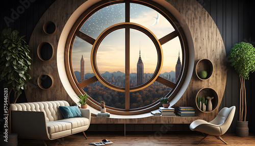 Stylish room design  Living room with a round window  interior design for apartments 