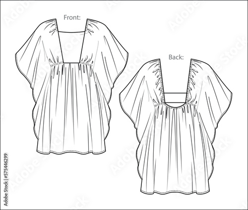 Vector short sleeve square neck mini dress technical drawing, woman kaftan dress with frill detail fashion CAD, sketch, template, flat. Jersey or woven fabric dress with front, back view, white color photo