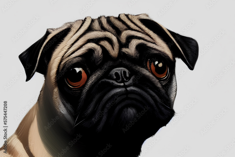 Portrait of pug. Charming wrinkled dog with sad eyes. Generative AI.