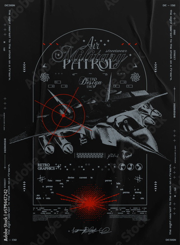 Retro poster with a flying fighter jet. Abstract print with paper texture for streetwear, for jacket, t-shirt or sweatshirt Isolated on black background