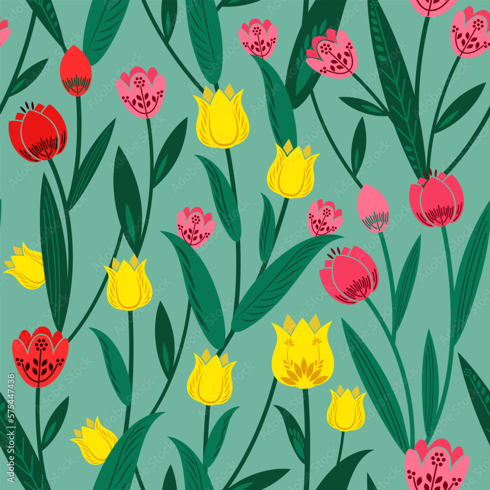 seamless pattern bright background with tulips