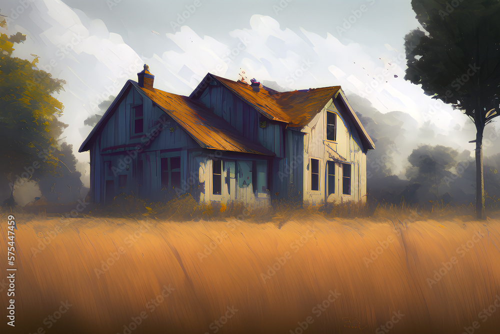 Abandoned house in countryside. Desolate residential building in nature. Generative AI.