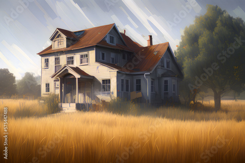 Abandoned house in countryside. Desolate residential building in nature. Generative AI.