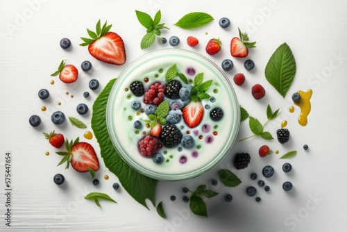 Smoothie made with fruit and berries, viewed from above, in a glass, over a white wooden background. Generative AI