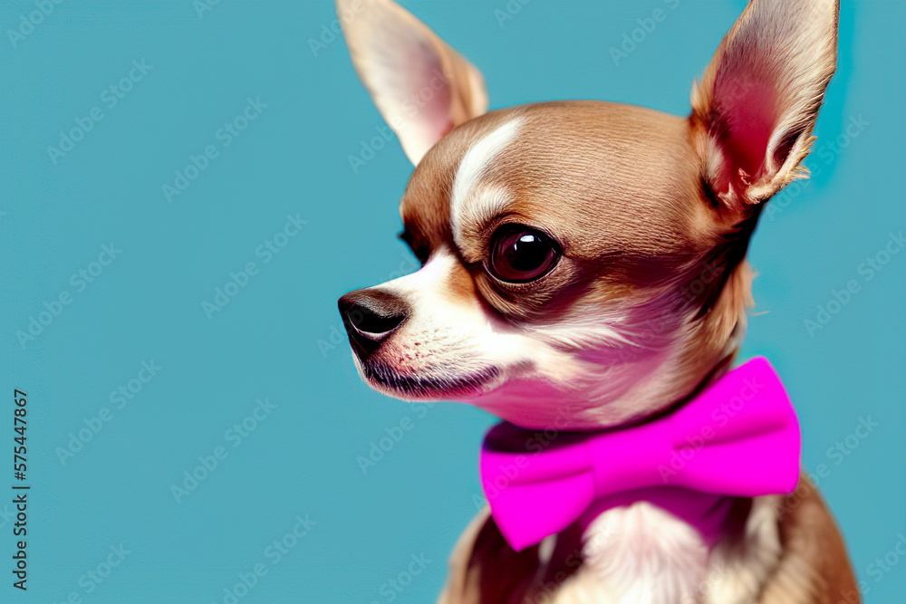Portrait of a chihuahua with a big fuchsia bow, on a green background, created with Generative AI technology