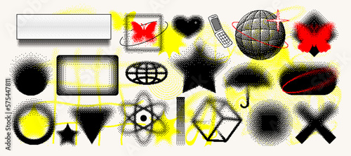 Dither elements collection. Dithering effect shapes, frames and icons vector set