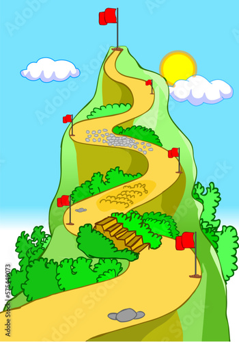 Mountain climbing route to peak, cartoon curled road levels. 
Step by step, stages. Top summit, red flag, stairs, obstacles. Target path background. Game, business success concept. Illustration vector