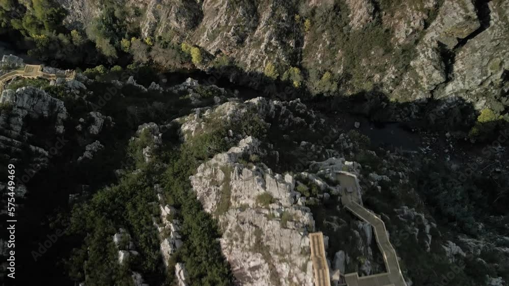 Bird view of the Candosa wooden walkway in Portugal. View to the canyon. Bird view of the Candosa wooden walkway in Portugal. View to the canyon.