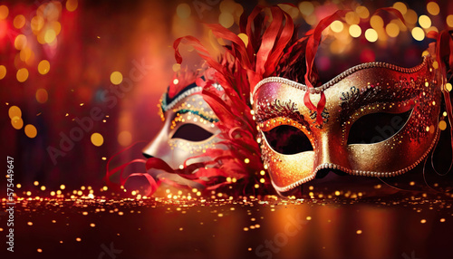 Venetian masks on red bokeh lights for a carnival party. Based on Generative AI © Yeti Studio