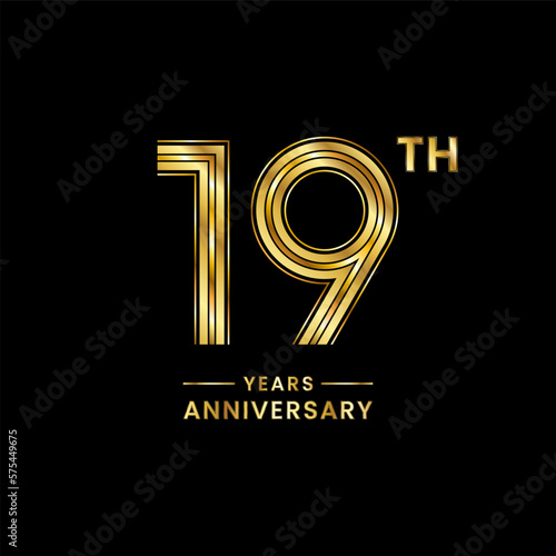 19th Anniversary logo design with golden number and text for anniversary celebration event, invitation, wedding, marriage, greeting card, banner, poster, flyer. Logo Vector Template