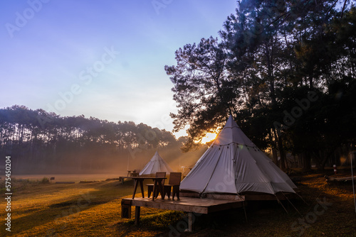 Tent camping in the morning . At Thung Salaeng Luang National Park Phetchabun Province, Thailand