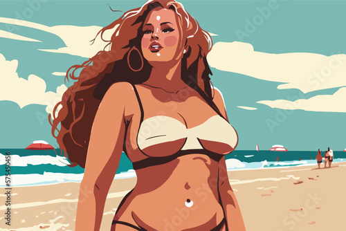 Plus size girl enjoying warmth whether on a beach.
2d vector illustration.
