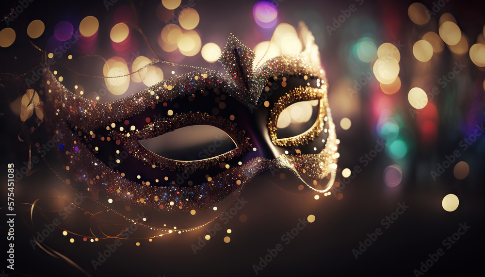 Venetian mask on background of bokeh lights for carnival. Based on Generative AI