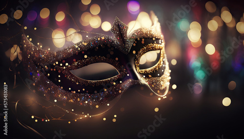 Venetian mask on background of bokeh lights for carnival. Based on Generative AI © Yeti Studio