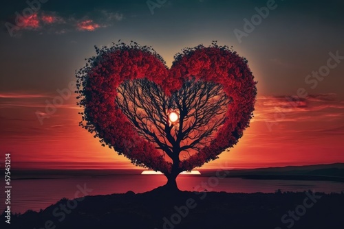 Heart Tree Love For Nature Red Landscape At Sunset. Generative AI