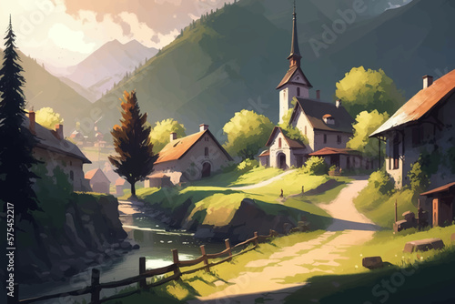 Village in a lush hilly grassy landscape in sunny day painting. Vector illustration 